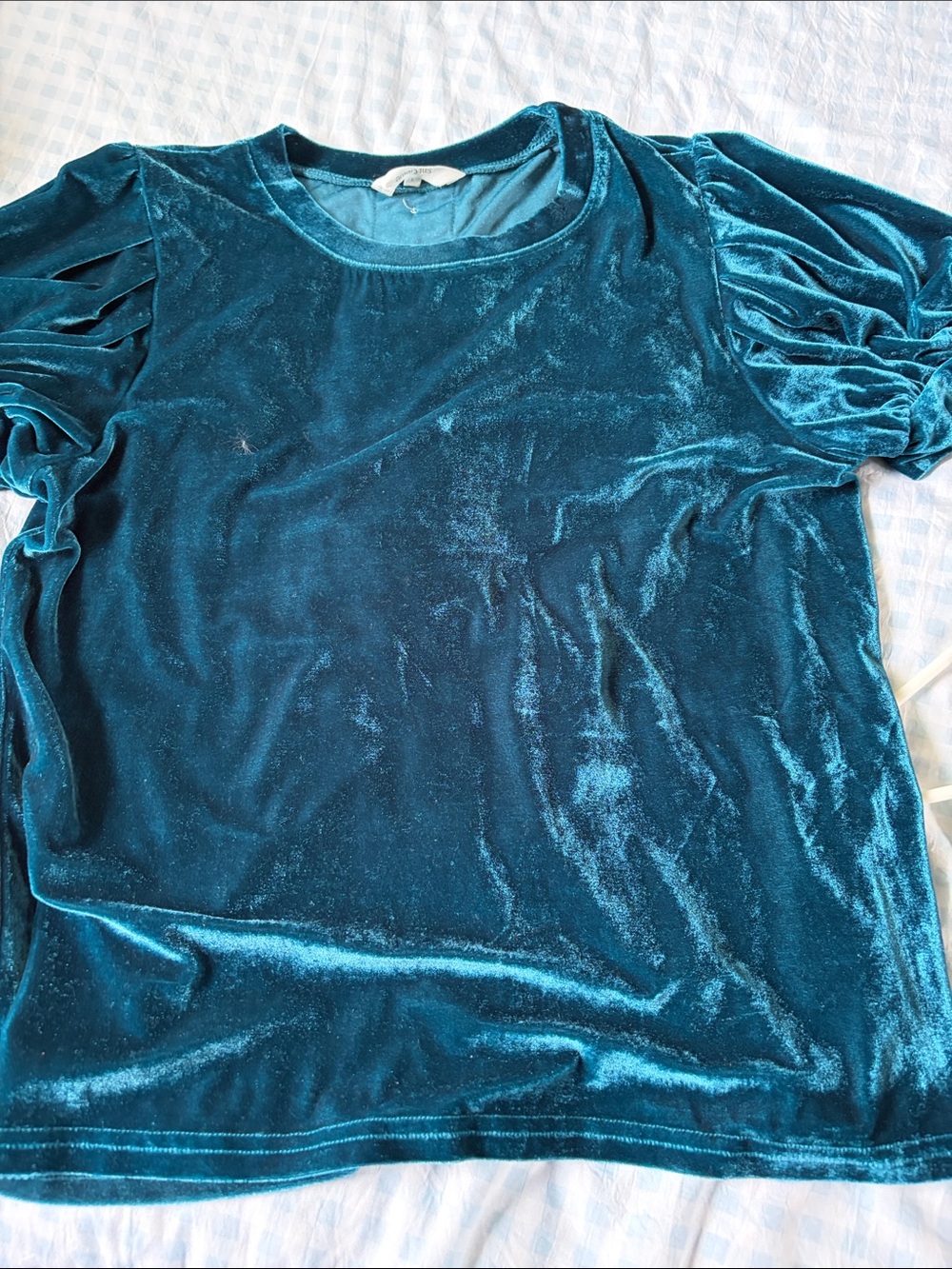Amaryllis Teal Velvet Puff-Sleeve Short-Sleeve Top
